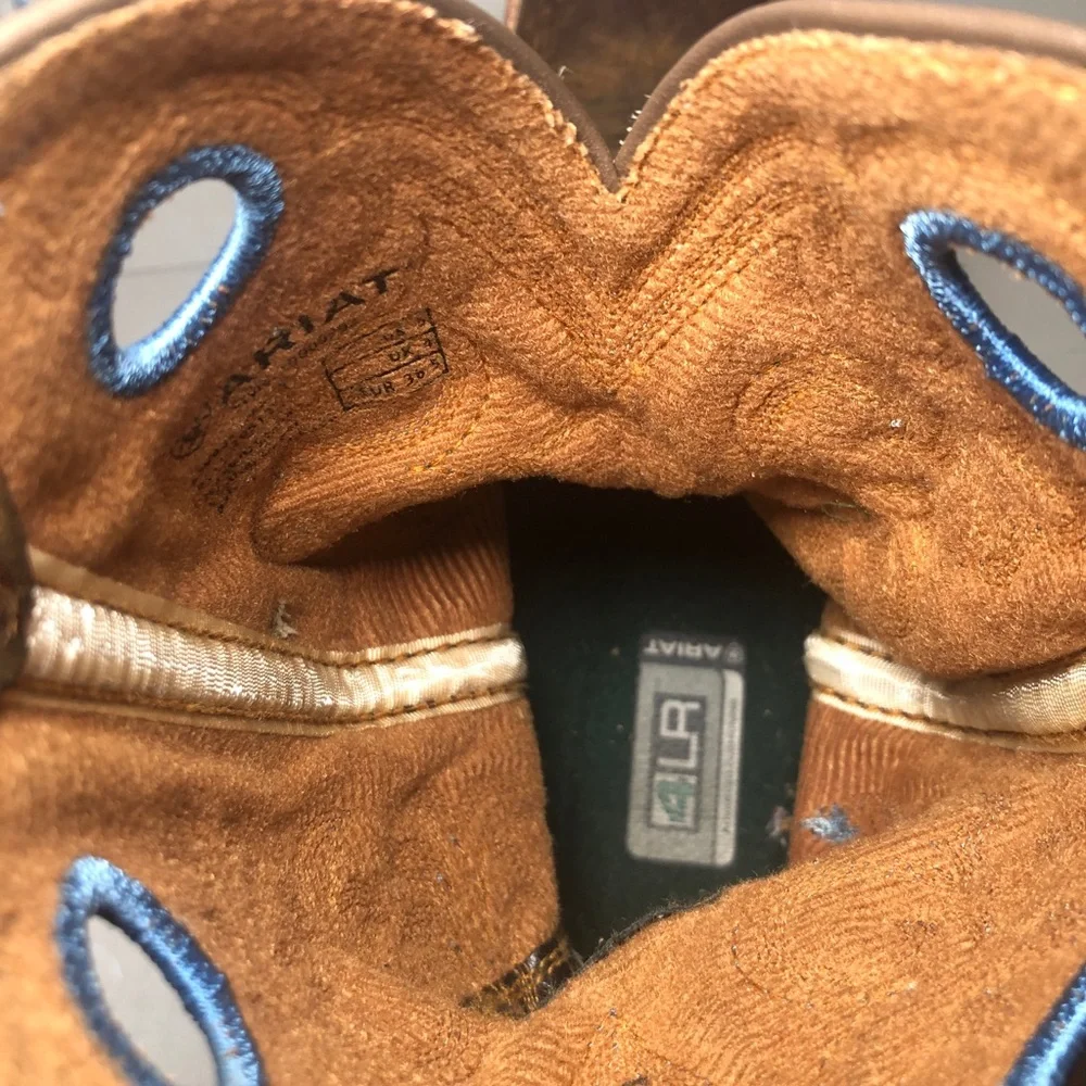 Ariat Brown Leather Kids Western Boots with Cream Shaft and Blue Accents